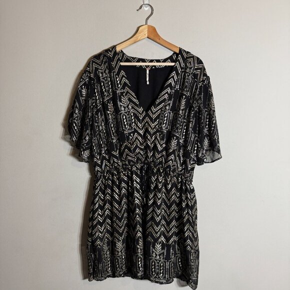 Free People Love Your Chaos Mini Dress Womens Medium Black Gold Drop Waist Tunic - Picture 4 of 15